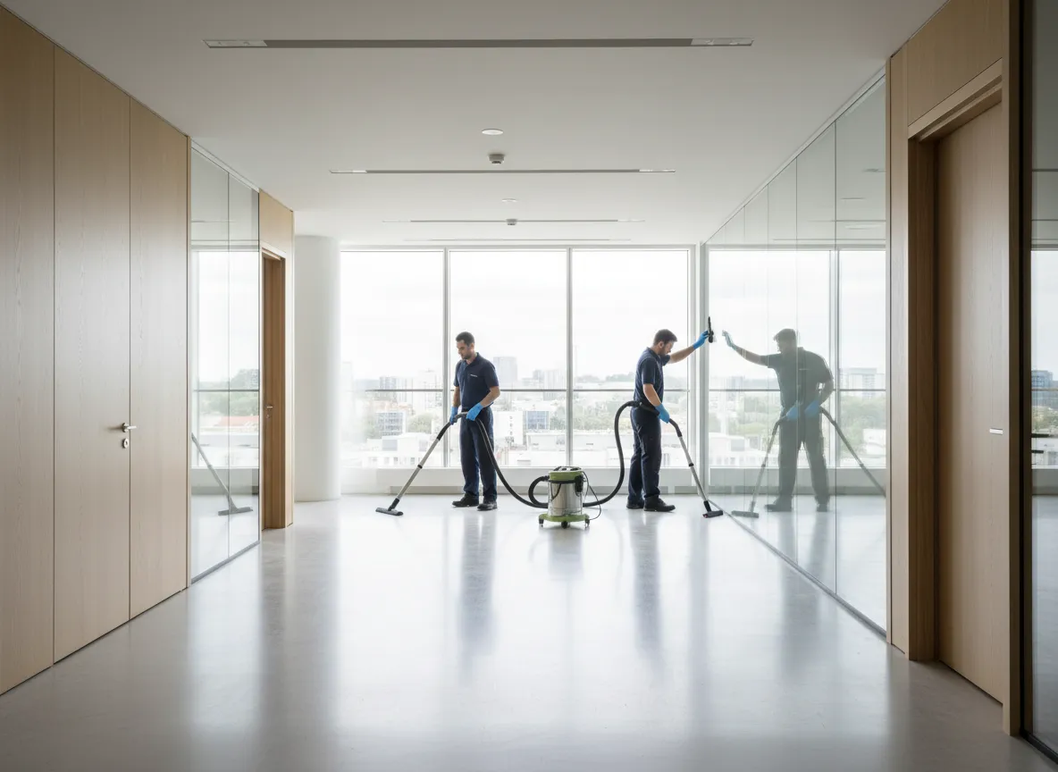 Equipo de limpieza realizando limpieza post-construcción en interior de edificio moderno